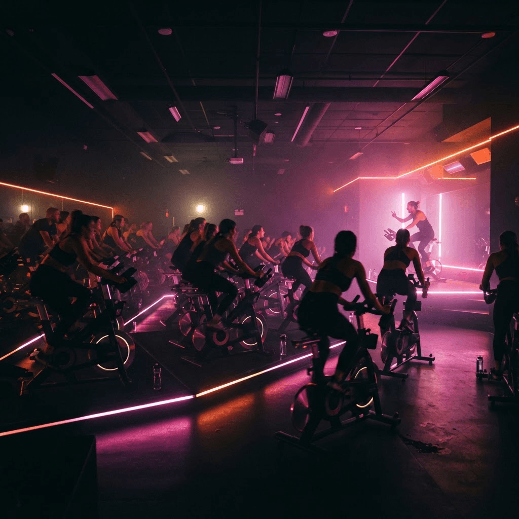 Aula de bike indoor em um estúdio com iluminação em neon laranja e rosa